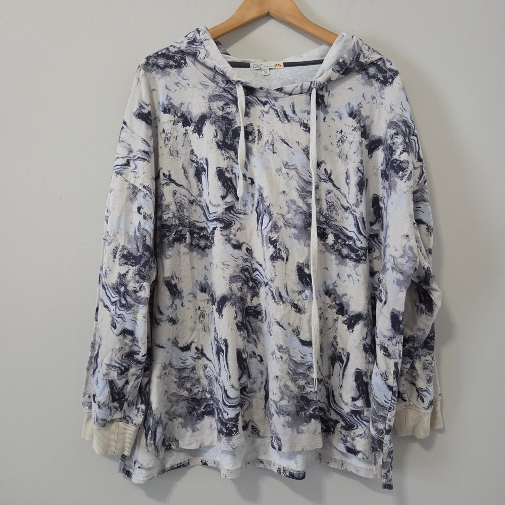 C&C California Womens 3X Grey White Marble Swirl Hoodie Pullover Lightweight